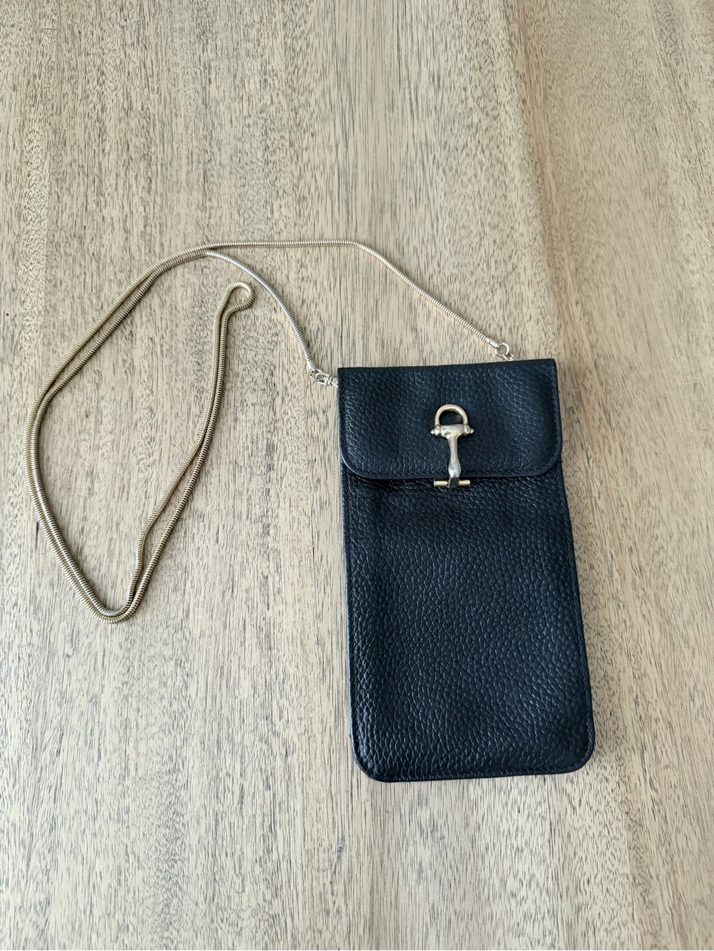 Papini Made in Italy Black Pebbled Leather Crossbody Phone Bag with Gold Chain